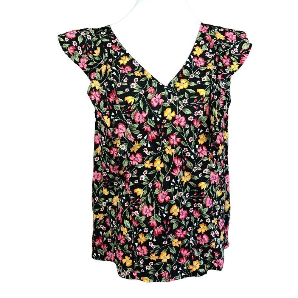 Old Navy Top Black Floral Print Ruffled Cap Sleeves V Neck Keyhole Back Medium